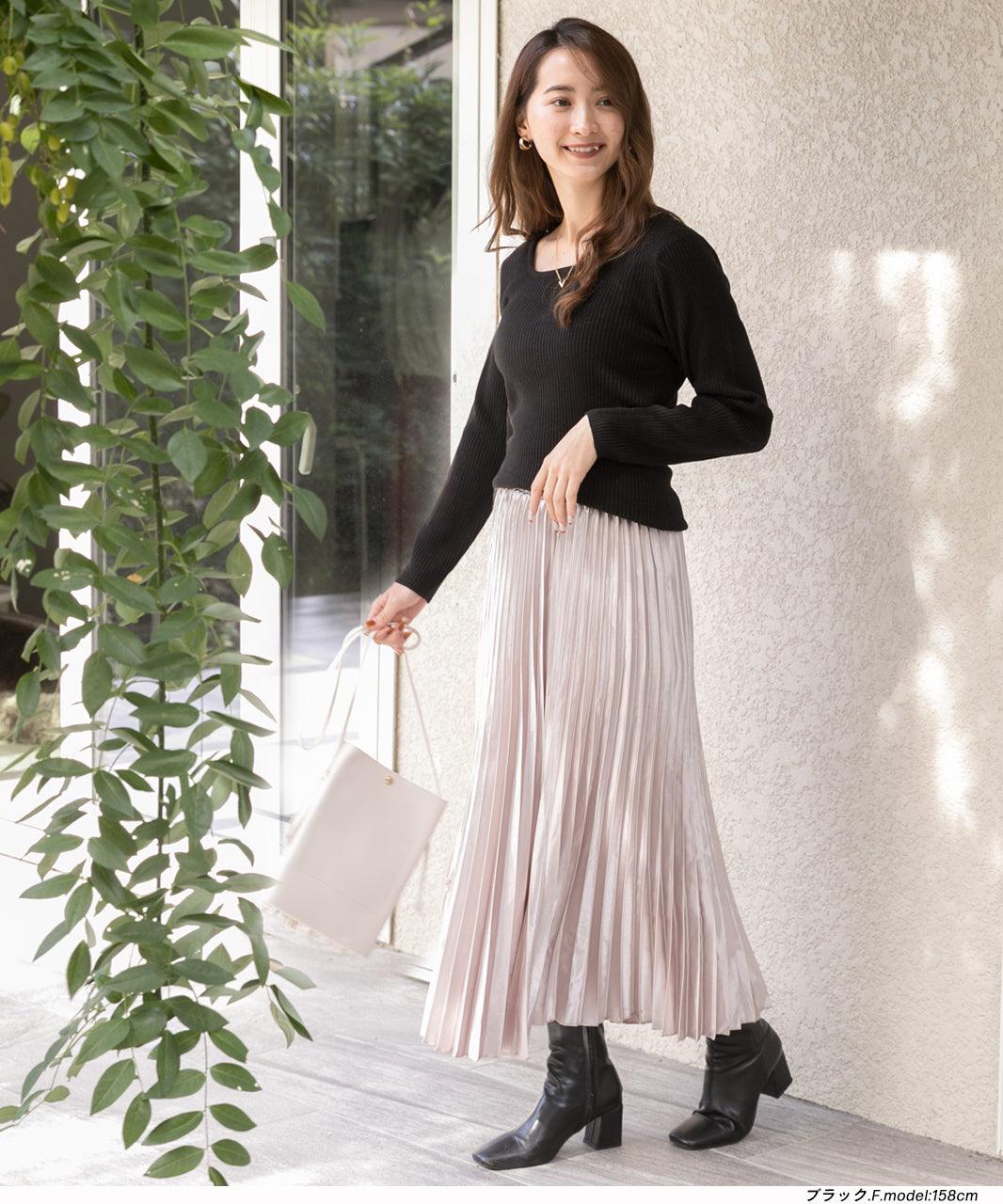 アドティエ ad thie スクエアーニット リブニット トップス レディース 薄手生地 シンプル 長袖 フェミニン カラバリ豊富 秋 冬 (ピンクパープル) ピンクパープル