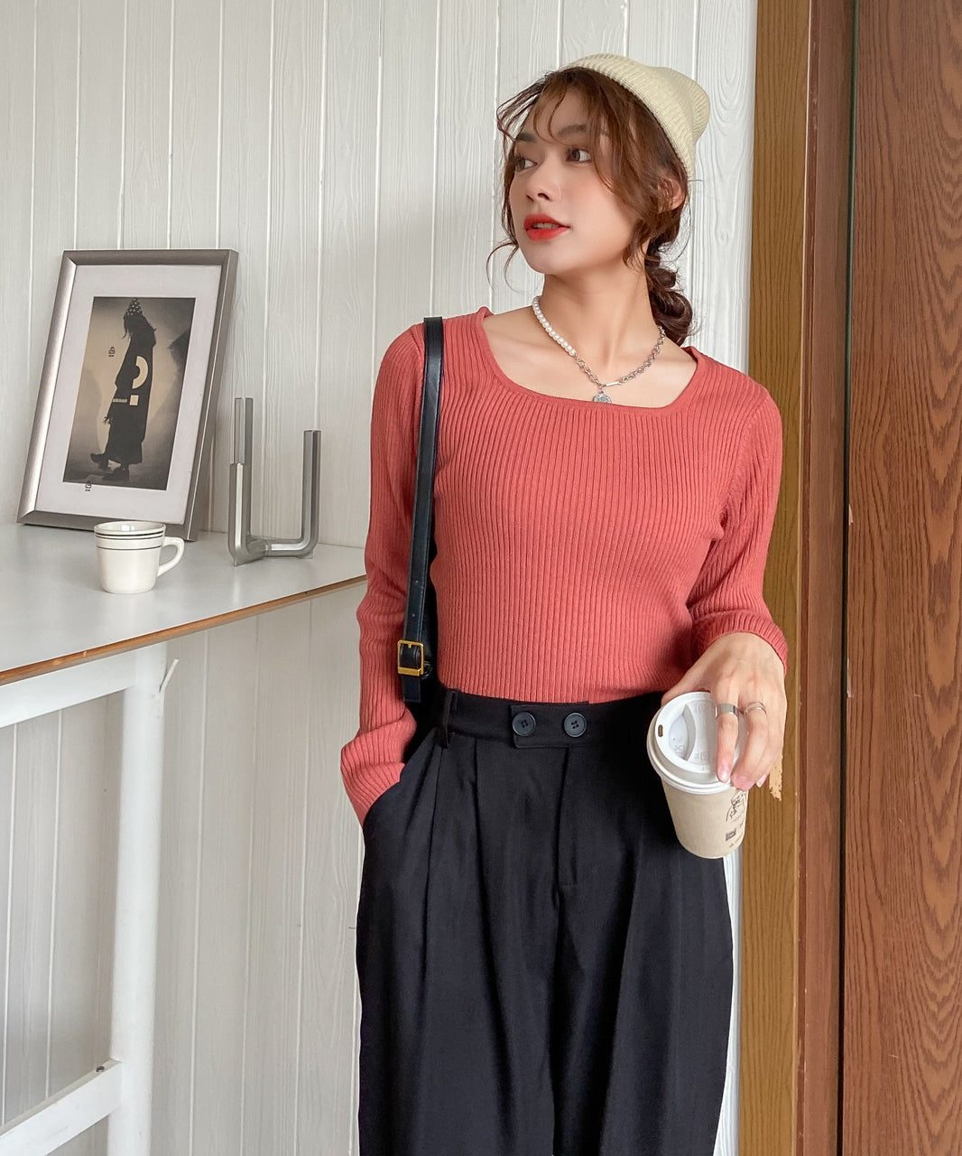 アドティエ ad thie スクエアーニット リブニット トップス レディース 薄手生地 シンプル 長袖 フェミニン カラバリ豊富 秋 冬 (ピンクパープル) ピンクパープル