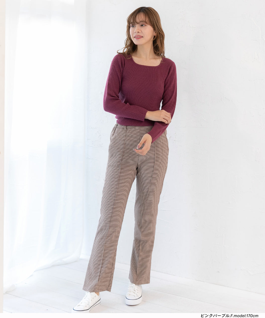 アドティエ ad thie スクエアーニット リブニット トップス レディース 薄手生地 シンプル 長袖 フェミニン カラバリ豊富 秋 冬 (ピンクパープル) ピンクパープル