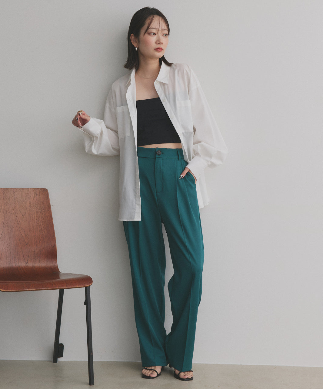 アドティエ ad thie ストレートパンツ センタープレス タック カラー ポケット 後ろゴム 春服 春 (サーモンピンク) サーモンピンク