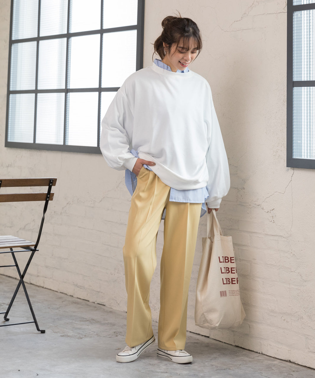 アドティエ ad thie ストレートパンツ センタープレス タック カラー ポケット 後ろゴム 春服 春 (サーモンピンク) サーモンピンク