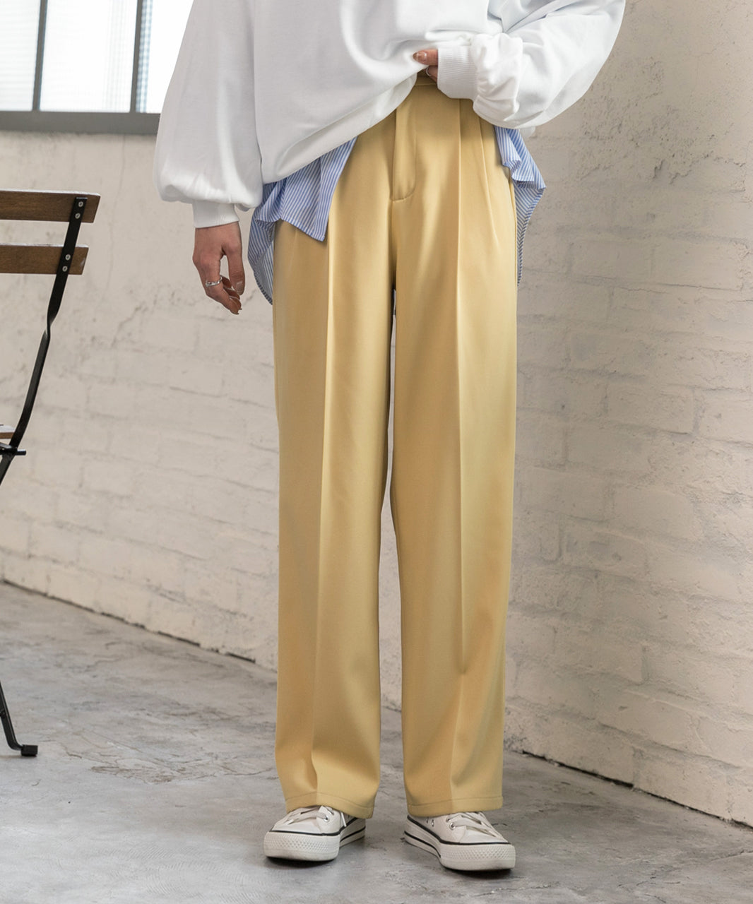 アドティエ ad thie ストレートパンツ センタープレス タック カラー ポケット 後ろゴム 春服 春 (サーモンピンク) サーモンピンク