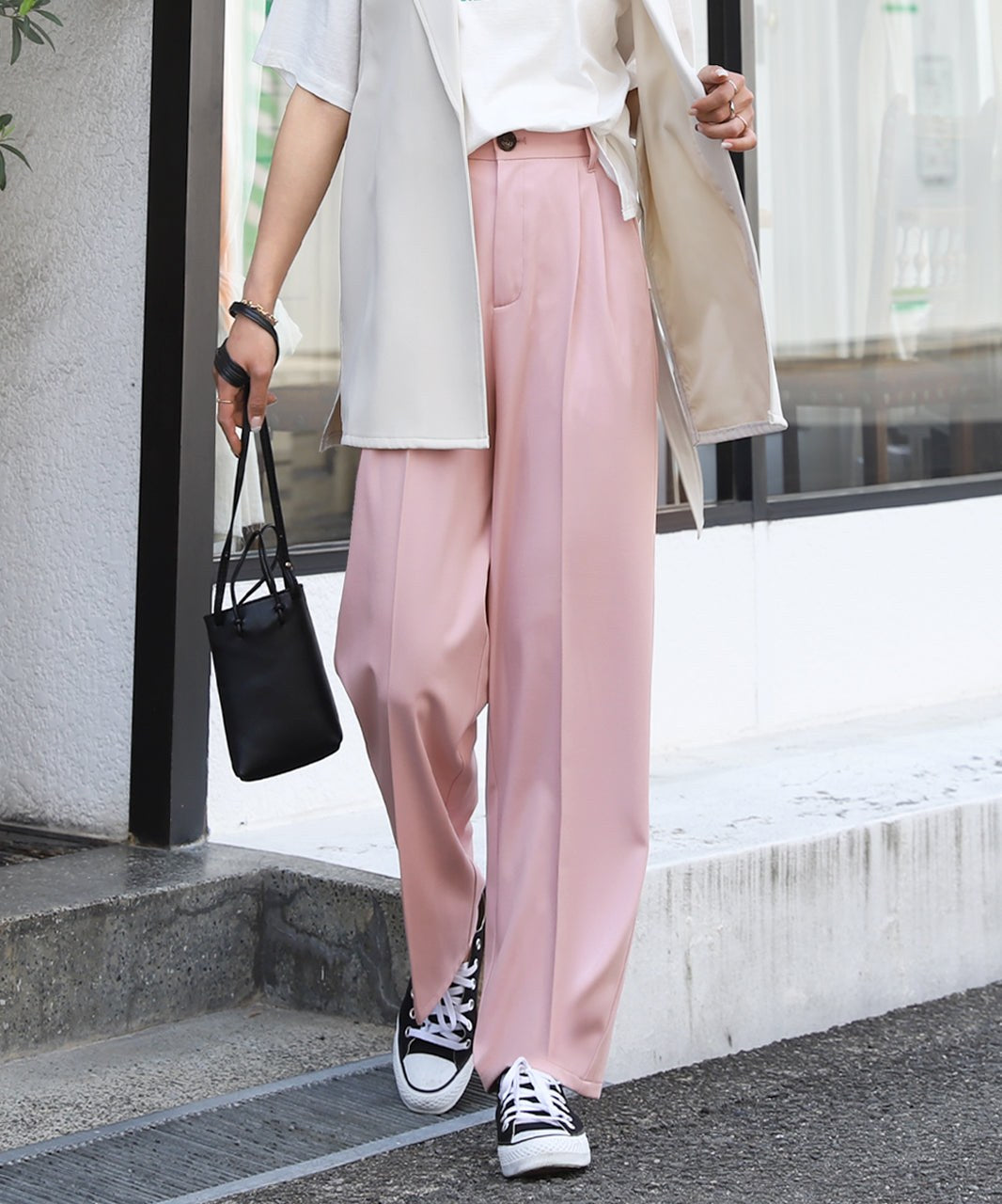 アドティエ ad thie ストレートパンツ センタープレス タック カラー ポケット 後ろゴム 春服 春 (サーモンピンク) サーモンピンク