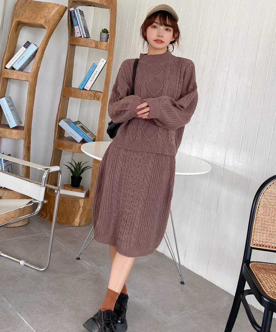 アドティエ ad thie プチハイネックニットセットアップ ニット セットアップ ケーブル ハイネック 長袖 レディース 2点セット ニットスカート (ライトグレー) ライトグレー