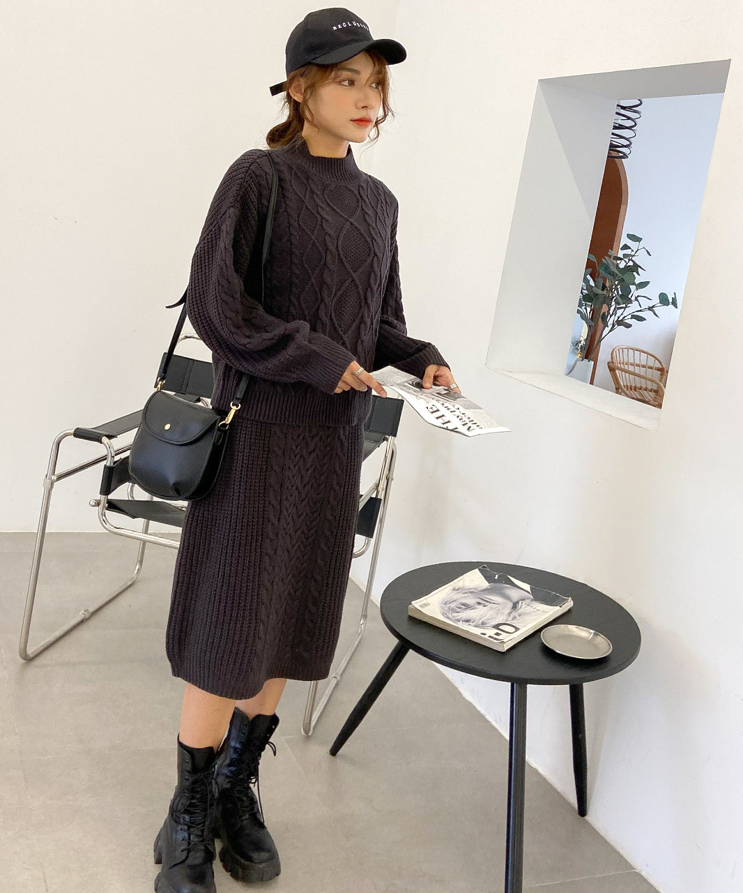 アドティエ ad thie プチハイネックニットセットアップ ニット セットアップ ケーブル ハイネック 長袖 レディース 2点セット ニットスカート (ライトグレー) ライトグレー