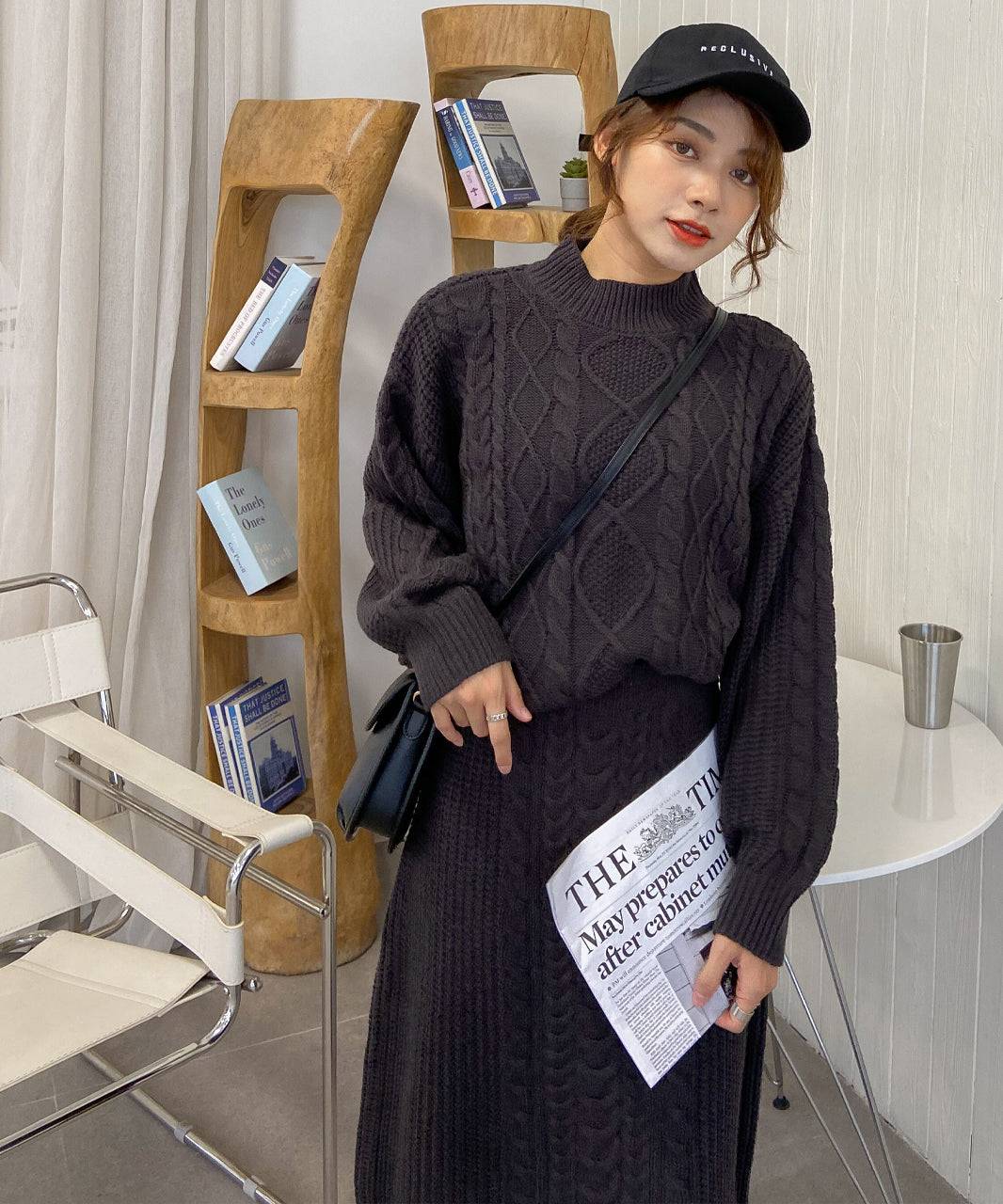 アドティエ ad thie プチハイネックニットセットアップ ニット セットアップ ケーブル ハイネック 長袖 レディース 2点セット ニットスカート (ライトグレー) ライトグレー