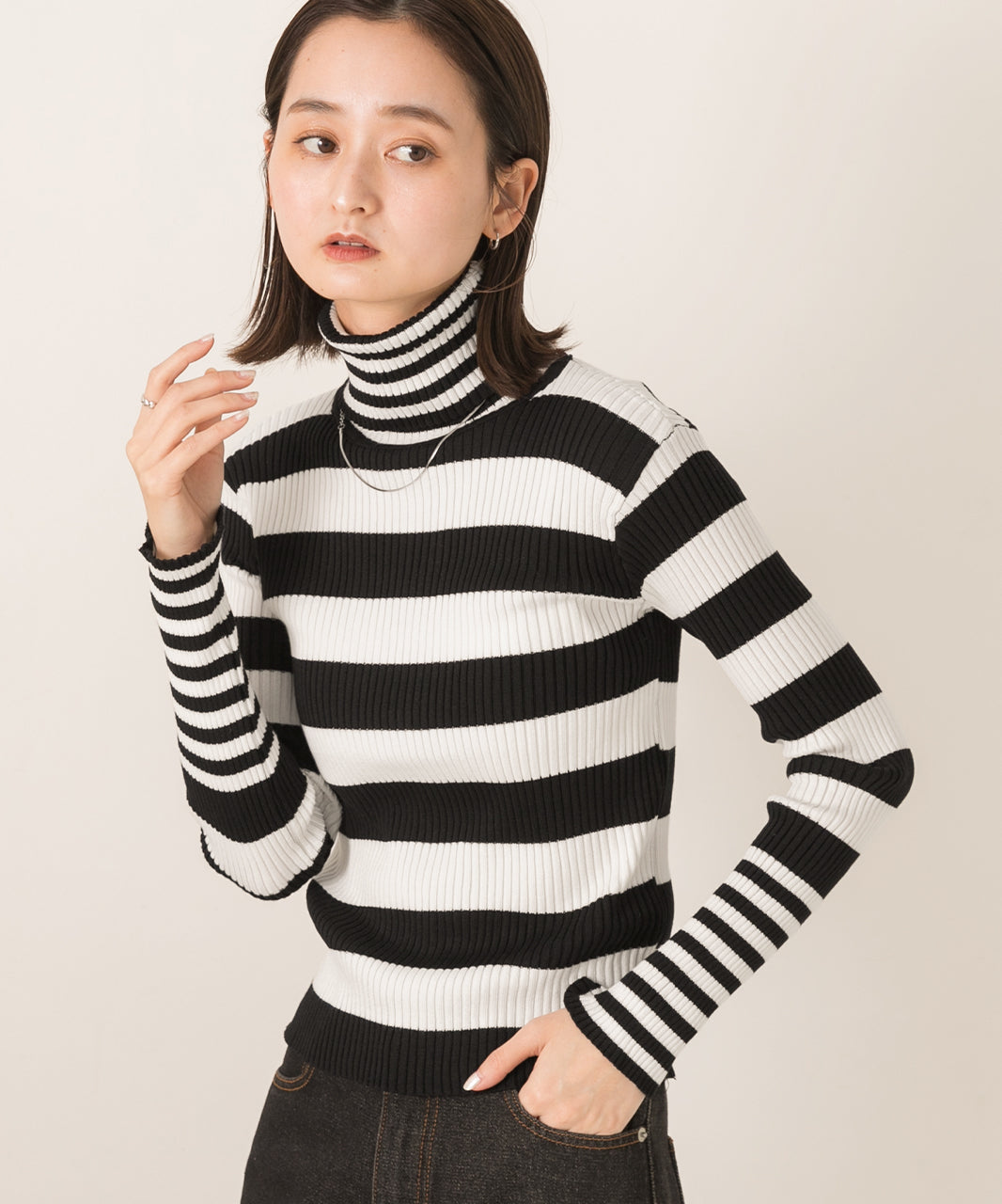 アドティエ ad thie ハイネック ランダムボーダーリブニット (グリーン) グリーン