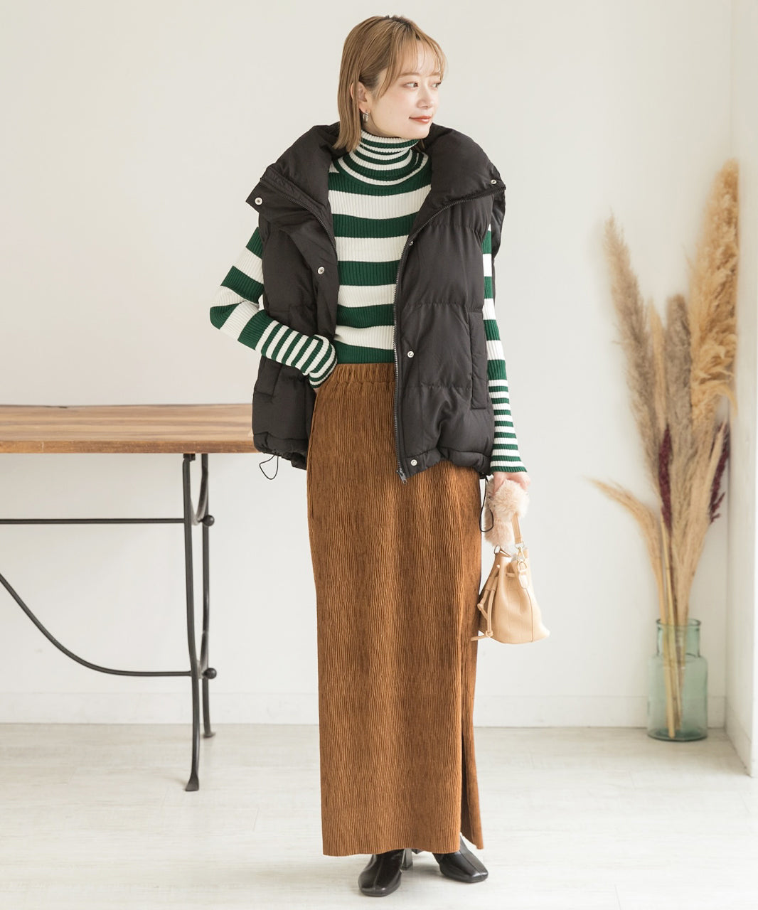 アドティエ ad thie ハイネック ランダムボーダーリブニット (グリーン) グリーン