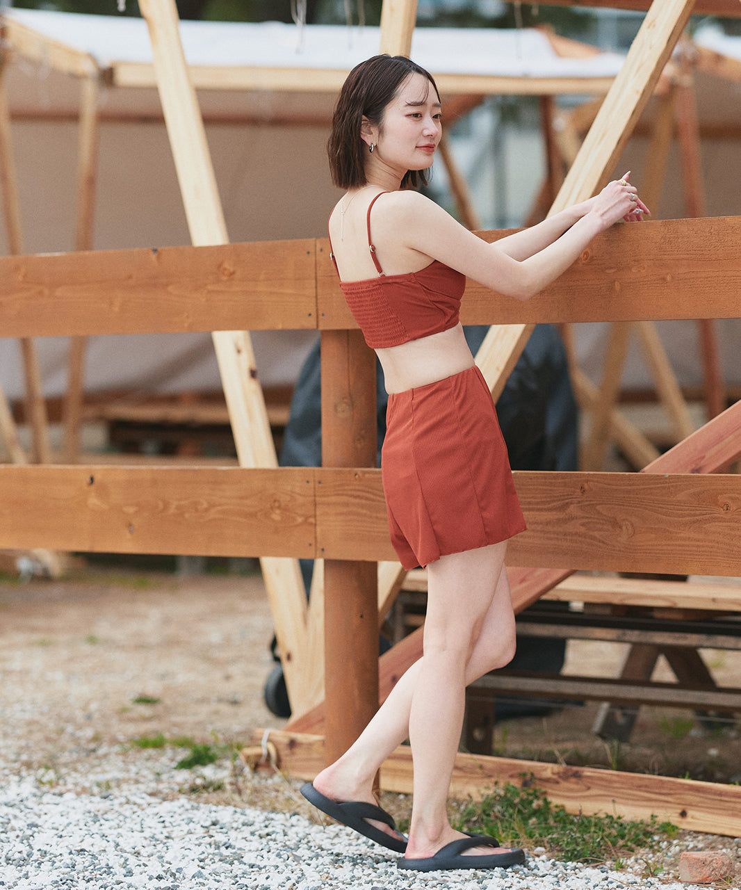 アドティエ ad thie 【2024SS新作】リブ素材スイムウェア3点SET アシンメトリーギャザーデザイン【返品不可商品】 (アイボリー) アイボリー