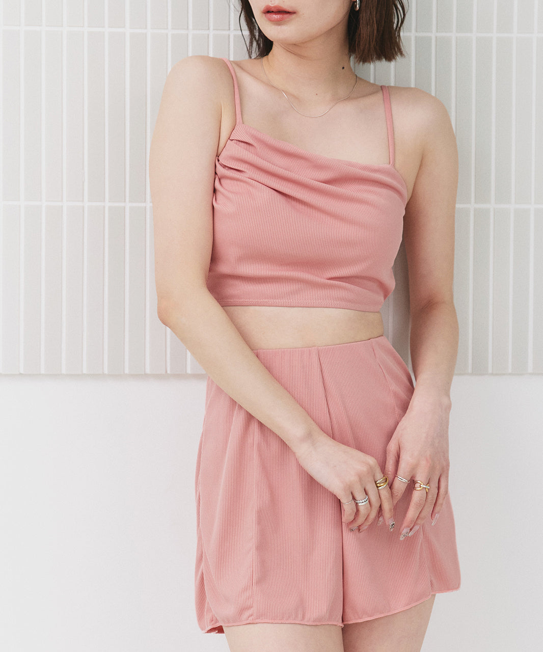 アドティエ ad thie 【2024SS新作】リブ素材スイムウェア3点SET アシンメトリーギャザーデザイン【返品不可商品】 (ピンク) ピンク