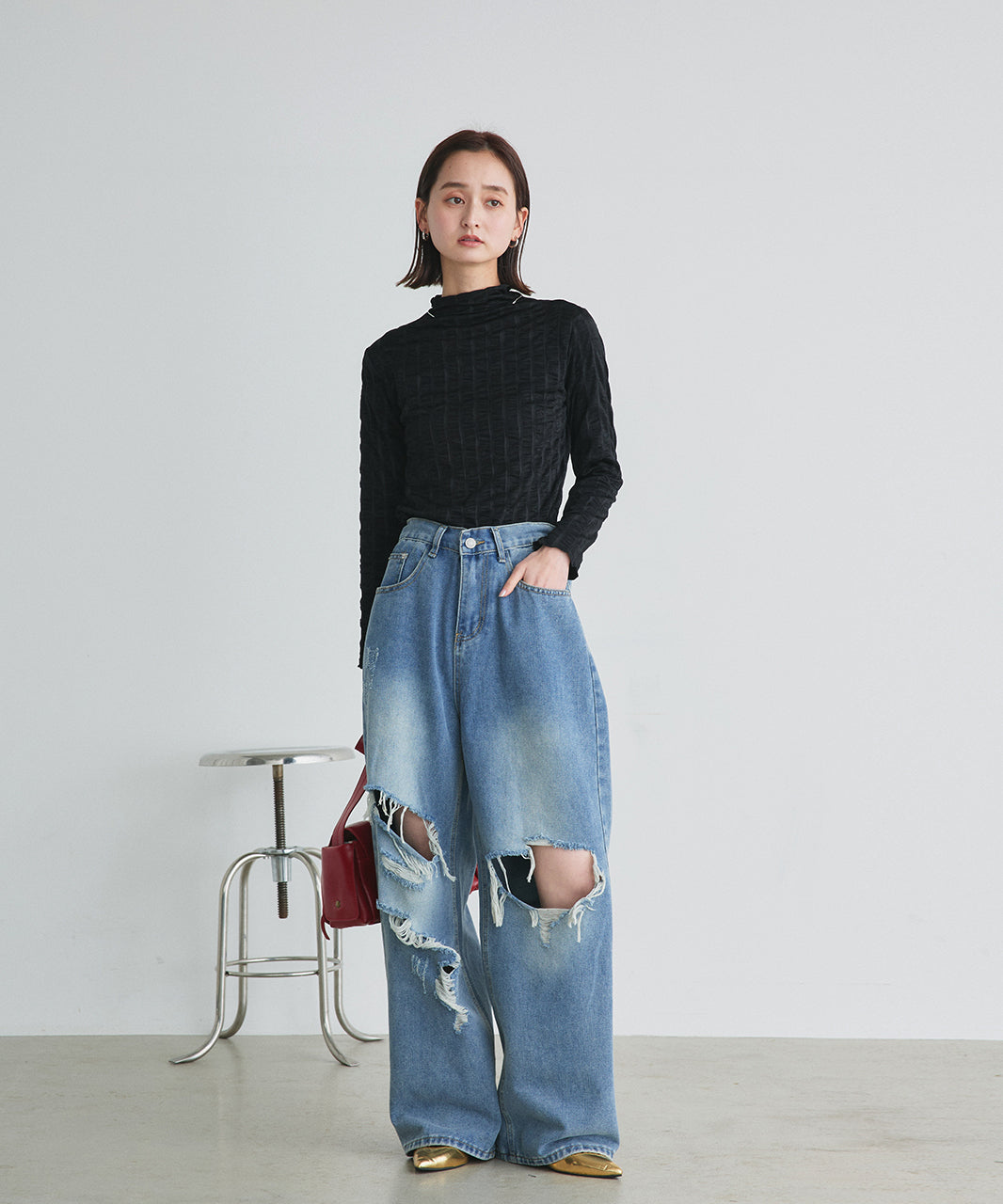 Adtie シャーリングハイネックトップス