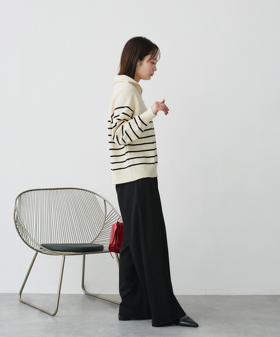 アドティエ ad thie 半拉链条纹针织衫