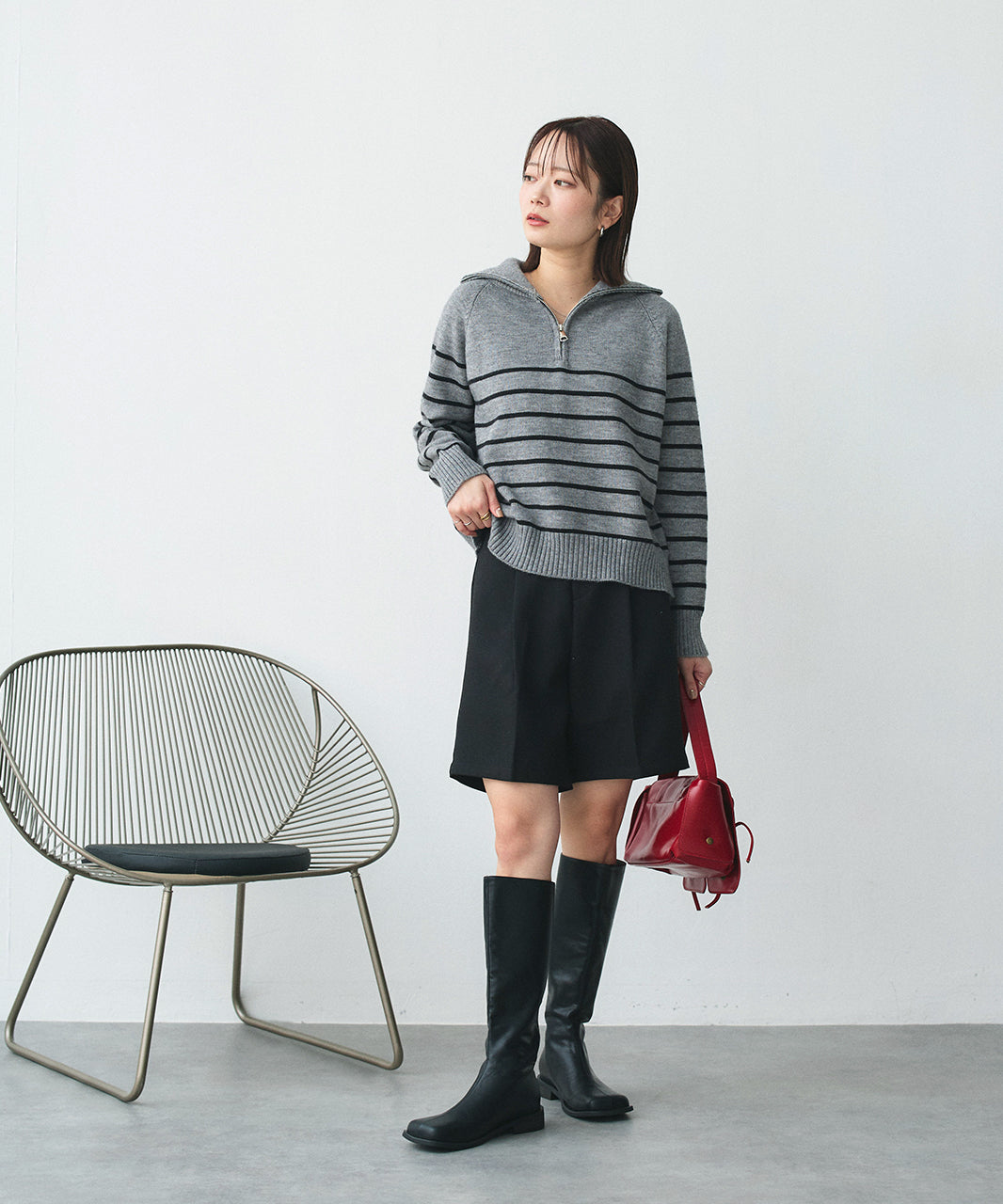 アドティエ ad thie 半拉链条纹针织衫