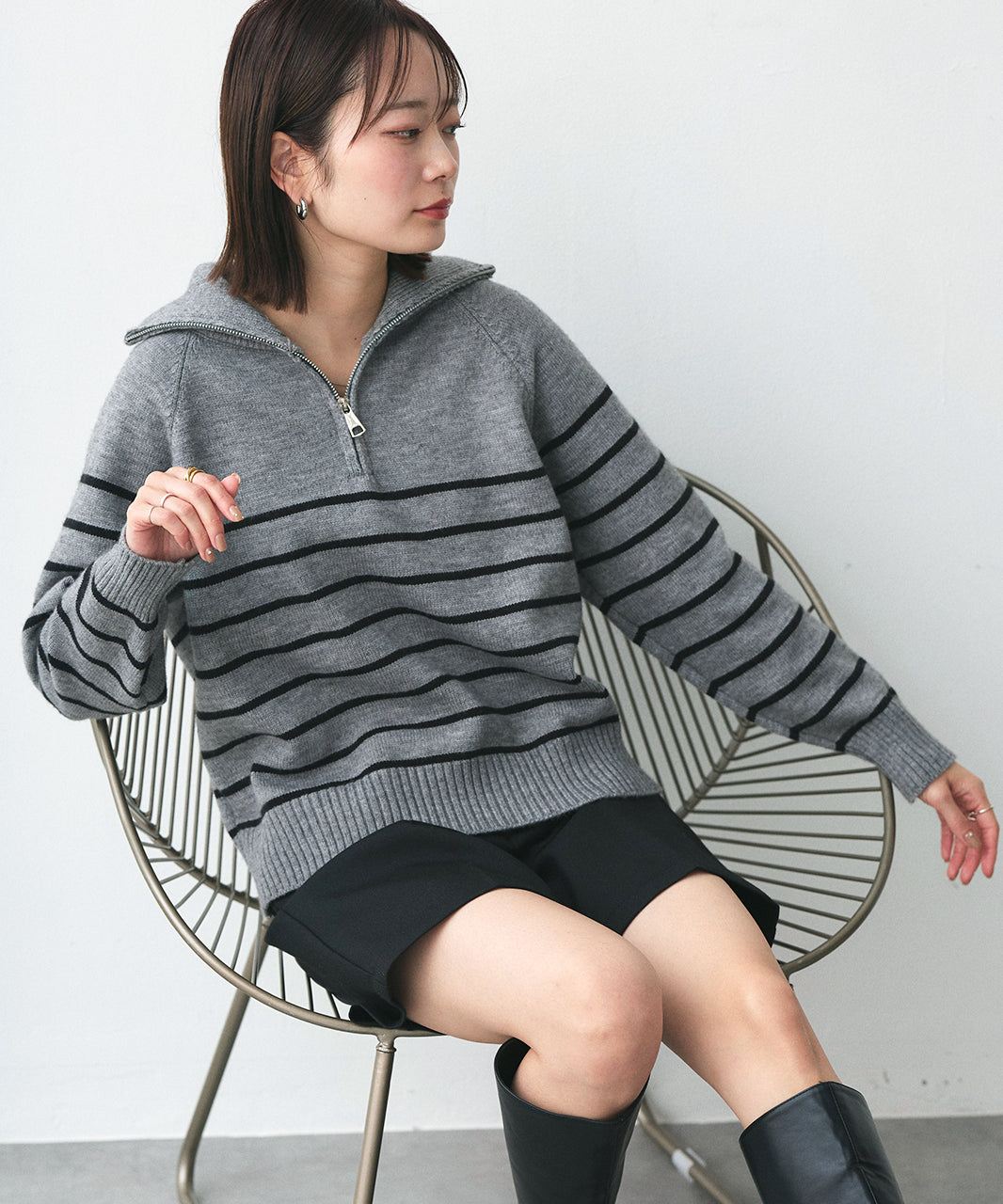 アドティエ ad thie 半拉链条纹针织衫