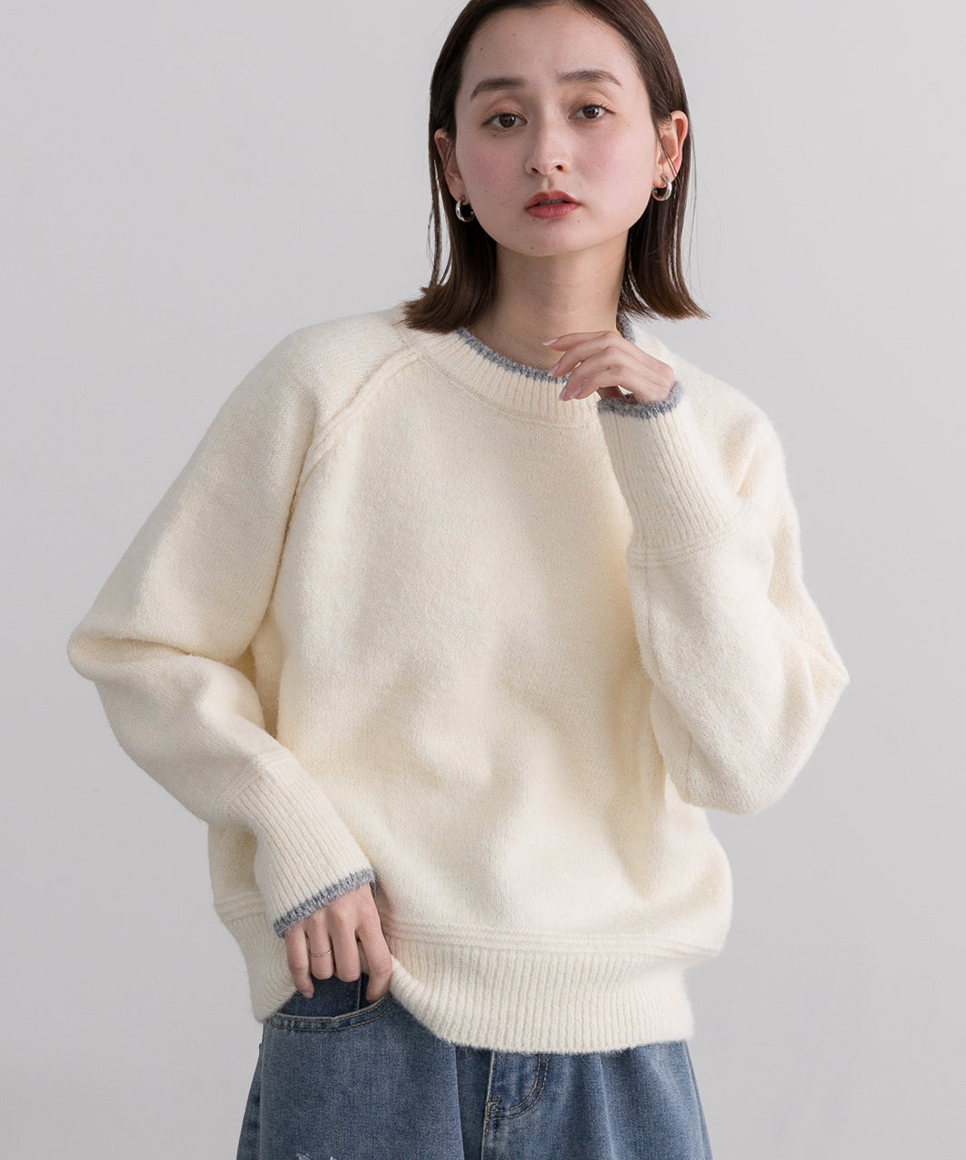 アドティエ ad thie 配色ラグランクルーネックニット