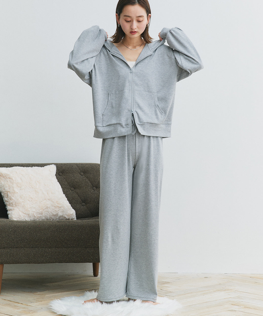 アドティエ ad thie 【2025SS新作】スムースダブルジップパーカールームウェア (杢グレー) 杢グレー