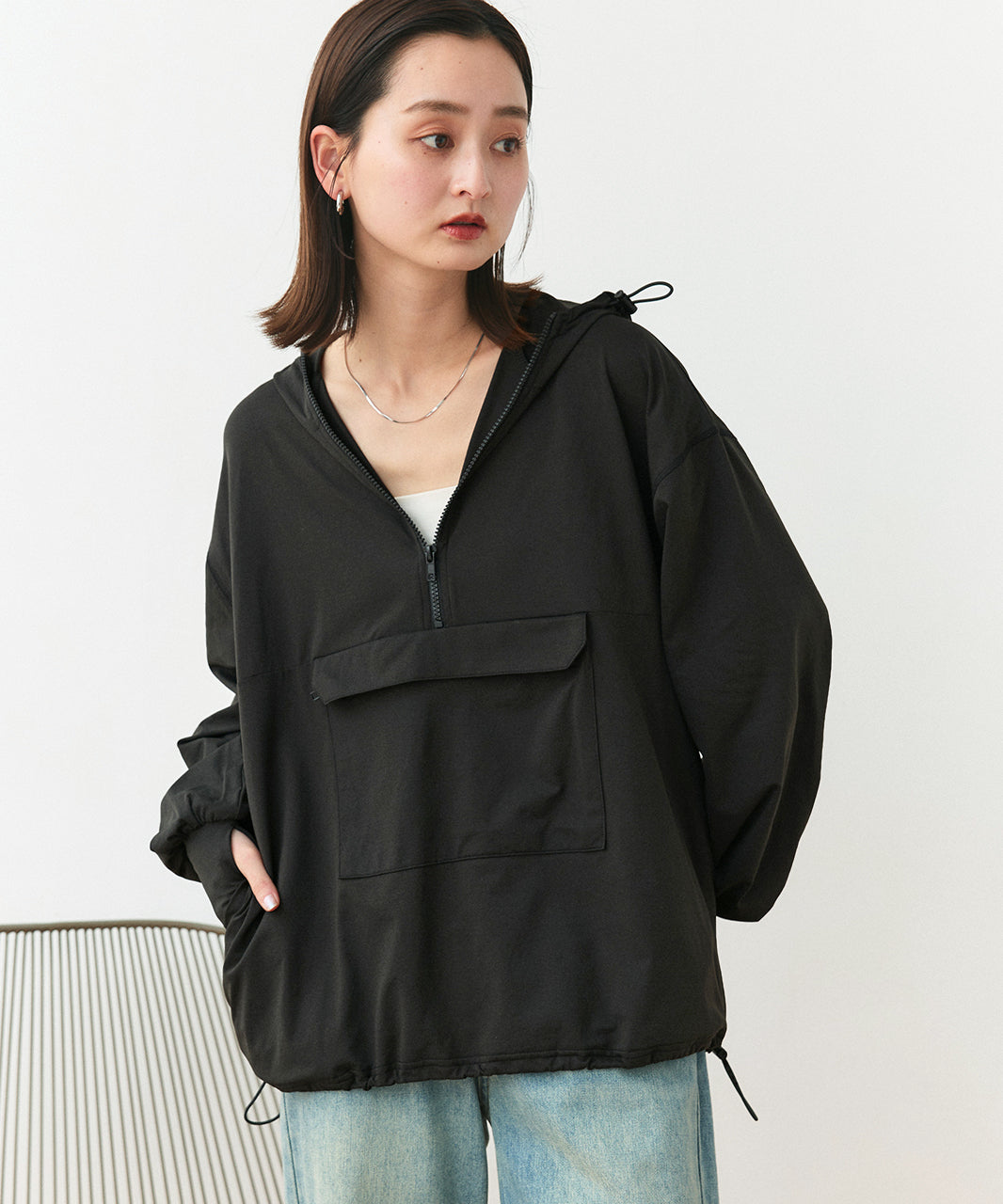 アドティエ ad thie 【2025SS新作】UVカットラッシュガード ハーフジップアノラックパーカー (ブラック) ブラック