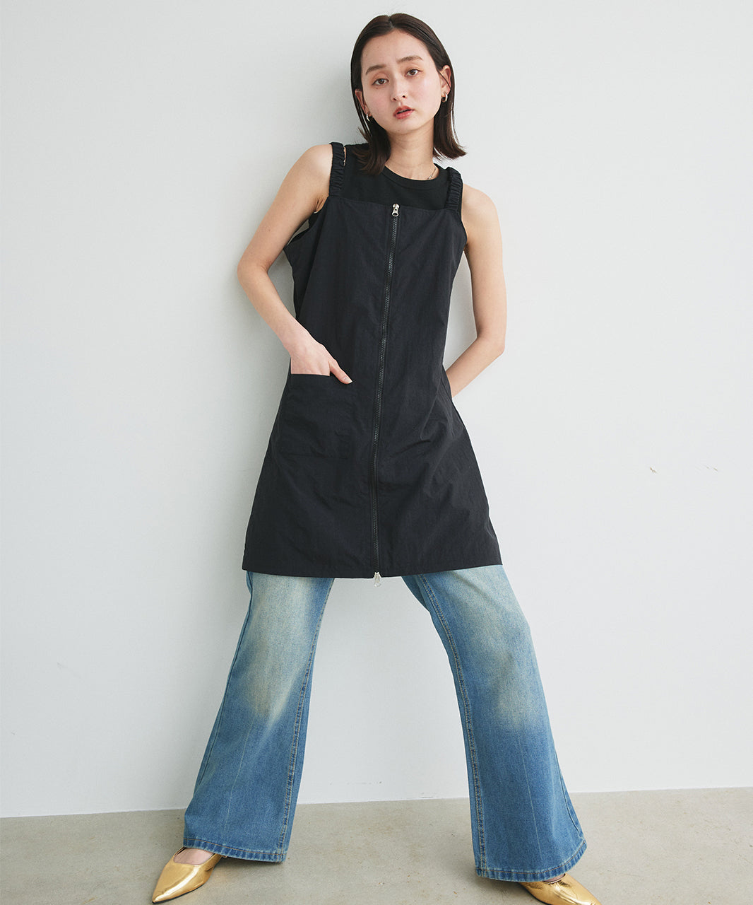 アドティエ ad thie 【2025SS新作】ナイロンダブルジップミニワンピース (ブラック) ブラック