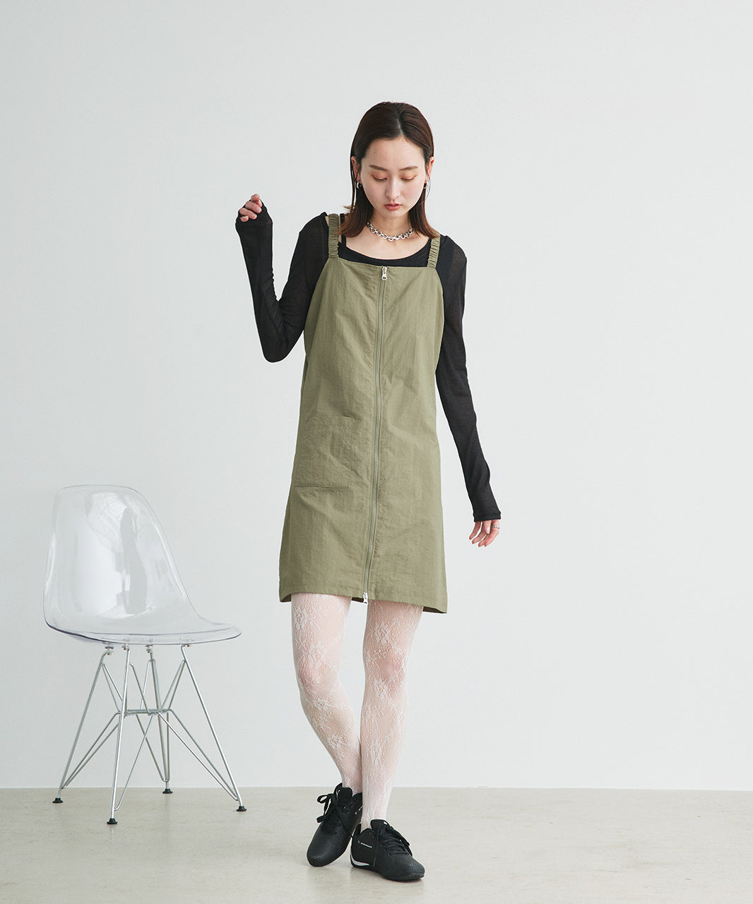 アドティエ ad thie 【2025SS新作】ナイロンダブルジップミニワンピース (ブラック) ブラック