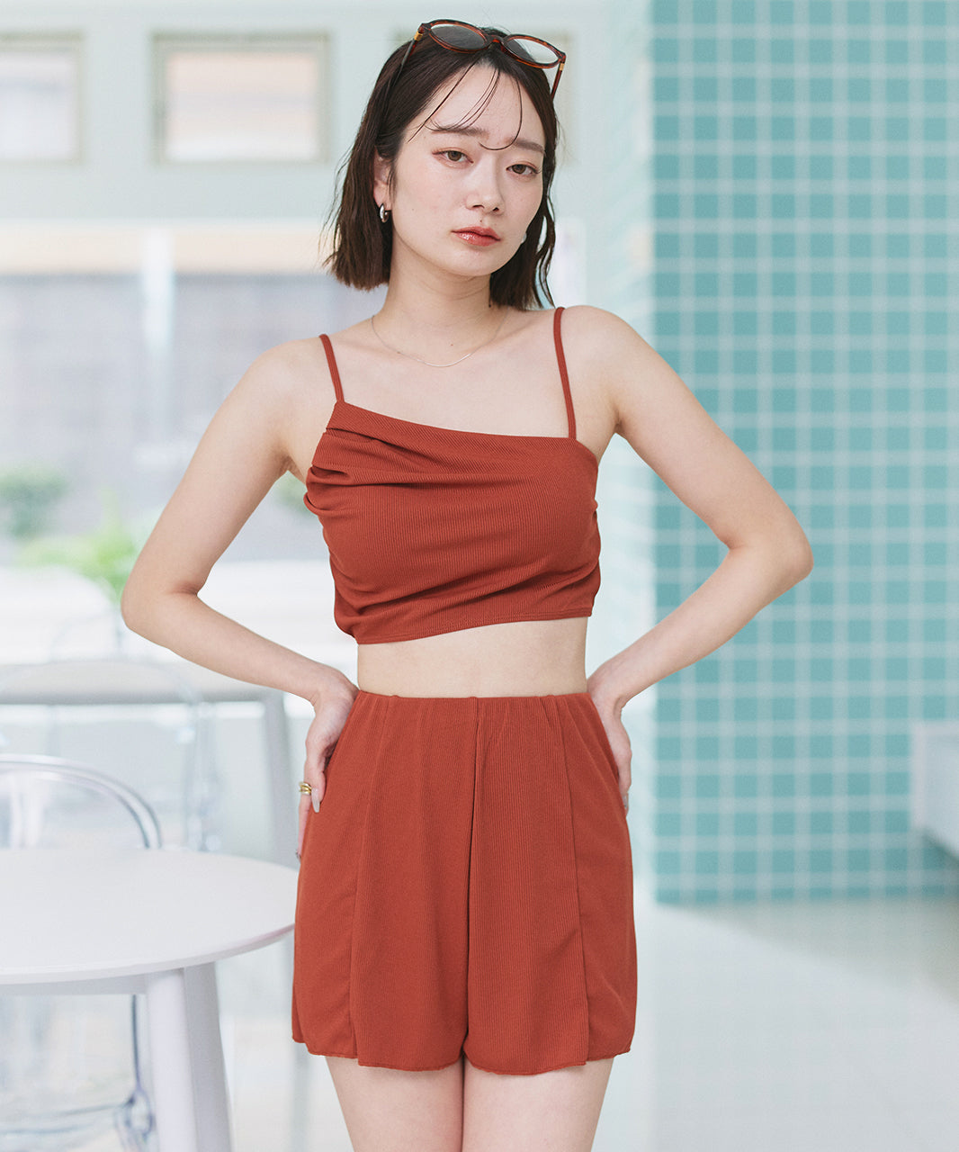 アドティエ ad thie リブ素材スイムウェア3点SET アシンメトリーギャザーデザイン【返品不可商品】 (オレンジ) オレンジ