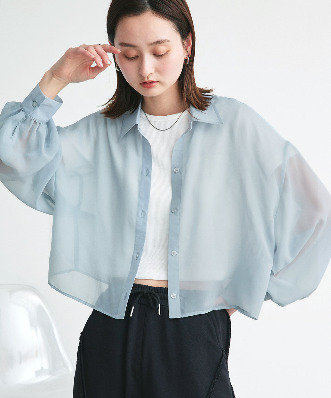 アドティエ ad thie 【2025SS新作】ショート丈シアーシャツ 半袖リブTシャツセット (ライトブルー) ライトブルー