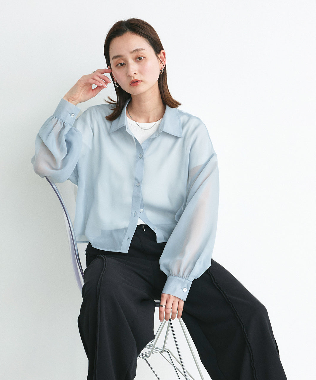 アドティエ ad thie 【2025SS新作】ショート丈シアーシャツ 半袖リブTシャツセット (ライトブルー) ライトブルー