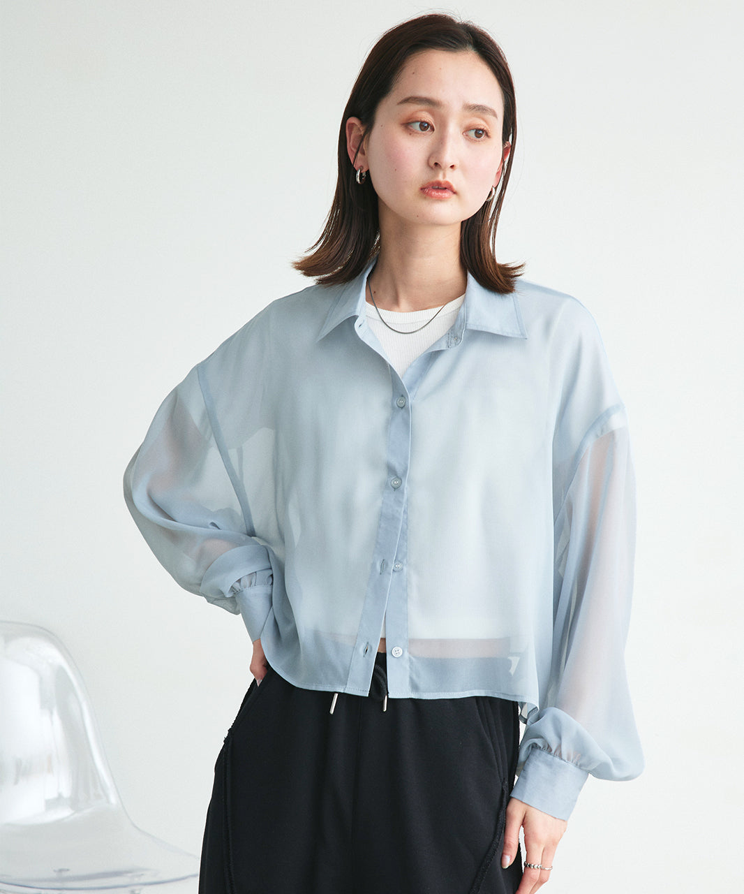 アドティエ ad thie 【2025SS新作】ショート丈シアーシャツ 半袖リブTシャツセット (ライトブルー) ライトブルー