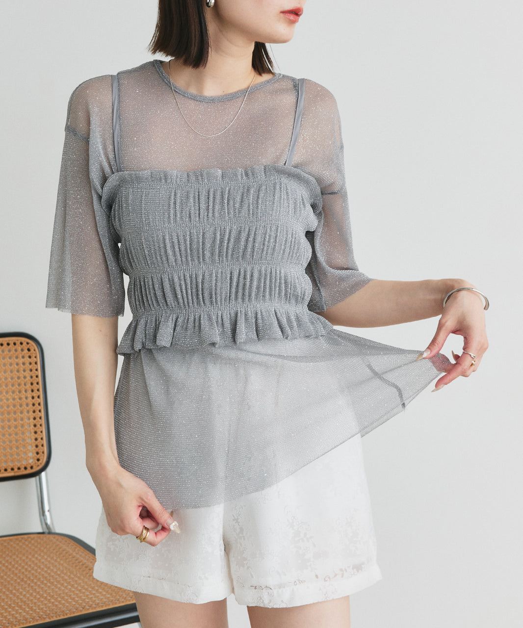 アドティエ ad thie 【2025SS新作】ビスチェレイヤード ラメカットソー (オフホワイト) オフホワイト