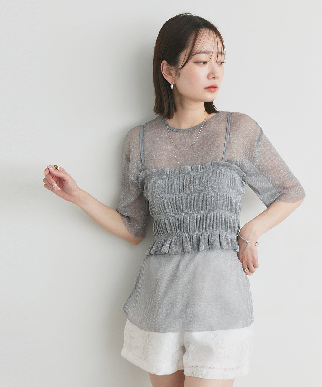 アドティエ ad thie 【2025SS新作】ビスチェレイヤード ラメカットソー (オフホワイト) オフホワイト