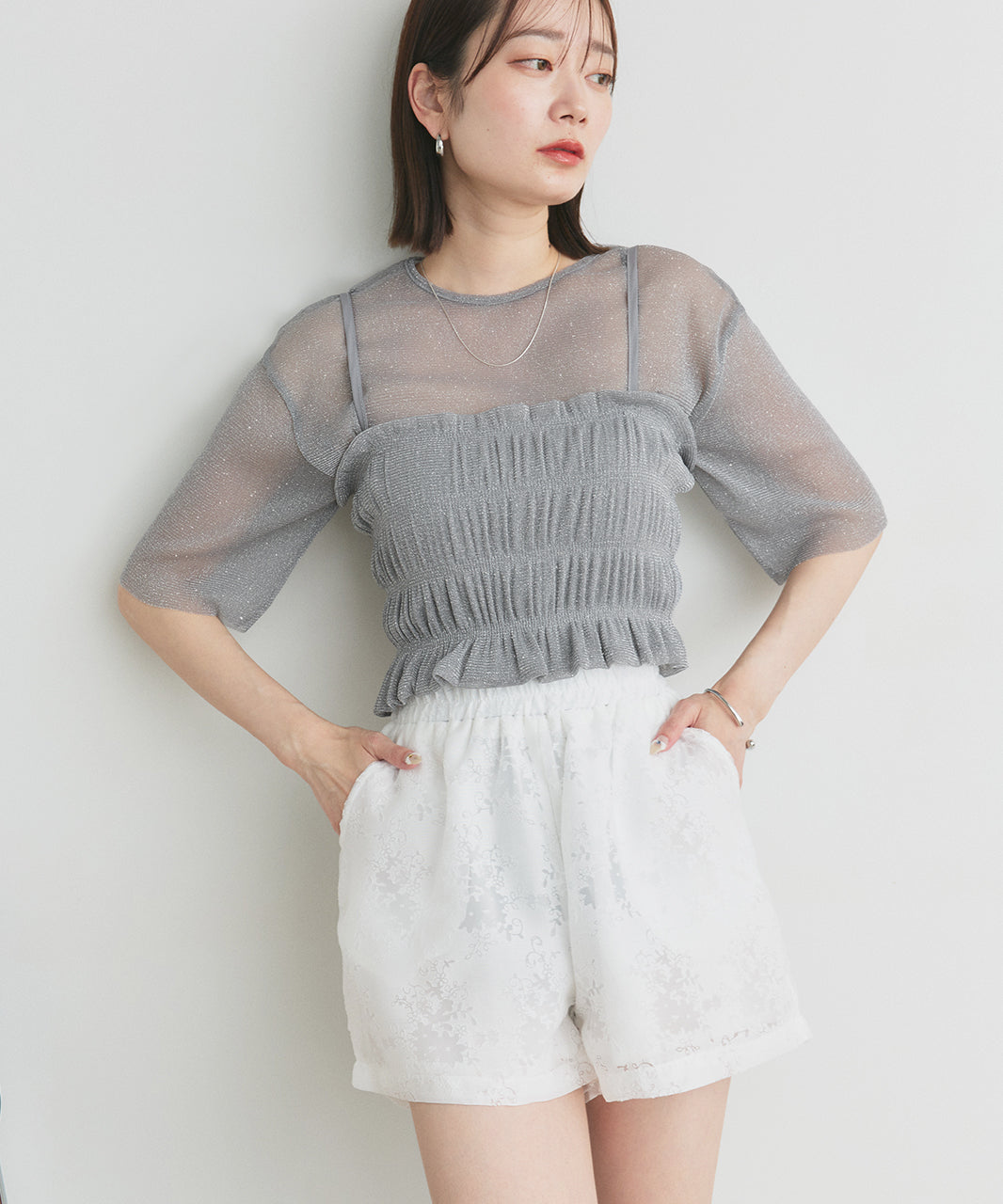 アドティエ ad thie 【2025SS新作】ビスチェレイヤード ラメカットソー (オフホワイト) オフホワイト