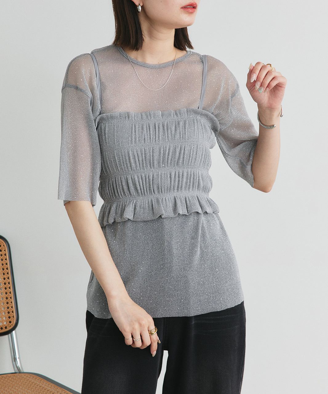 アドティエ ad thie 【2025SS新作】ビスチェレイヤード ラメカットソー (オフホワイト) オフホワイト