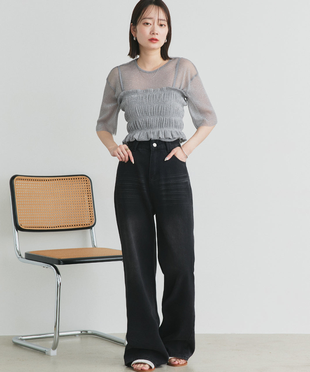 アドティエ ad thie 【2025SS新作】ビスチェレイヤード ラメカットソー (オフホワイト) オフホワイト