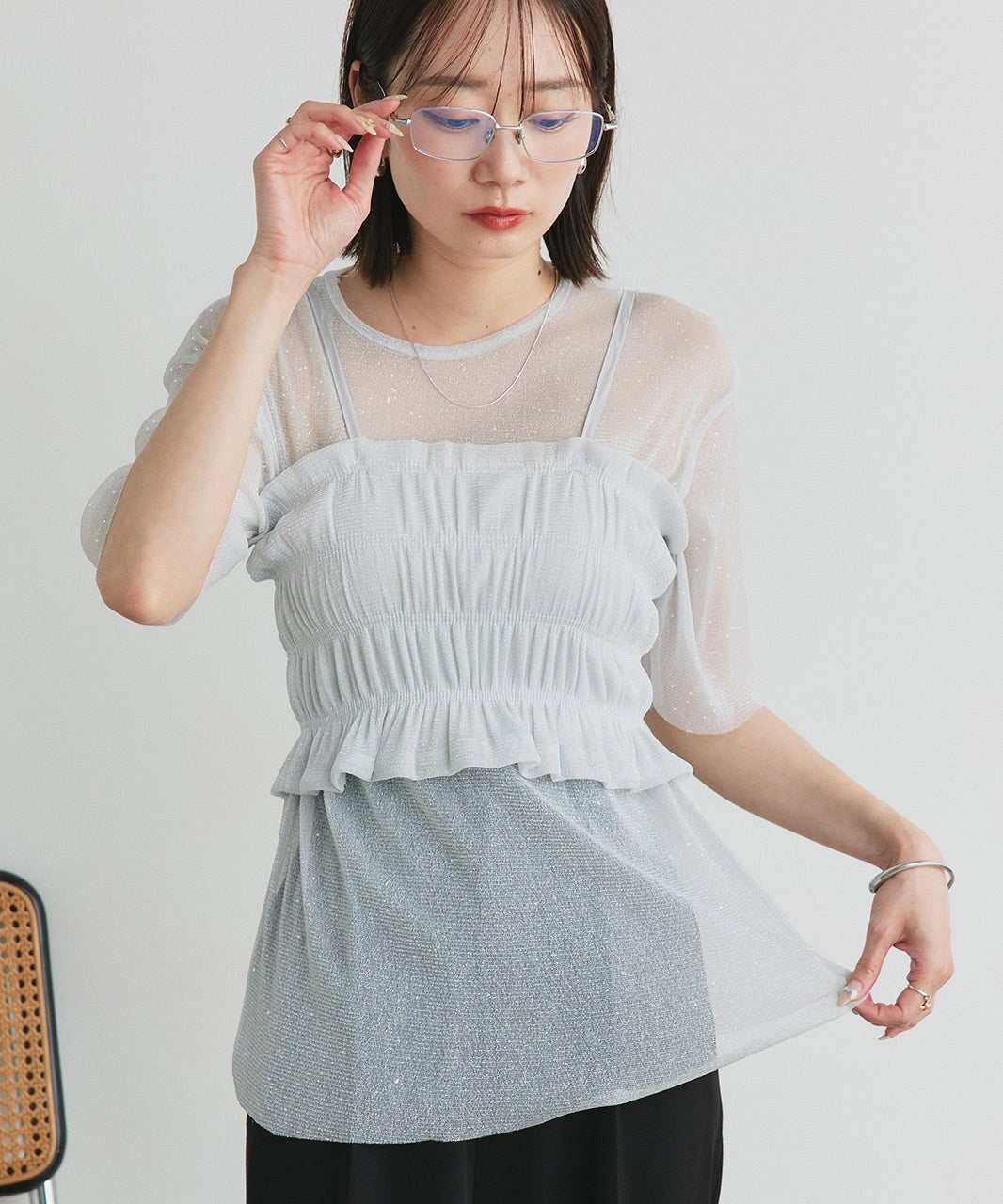 アドティエ ad thie 【2025SS新作】ビスチェレイヤード ラメカットソー (オフホワイト) オフホワイト