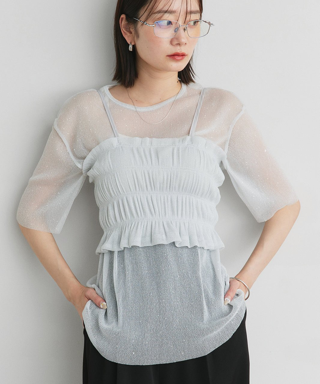 アドティエ ad thie 【2025SS新作】ビスチェレイヤード ラメカットソー (オフホワイト) オフホワイト