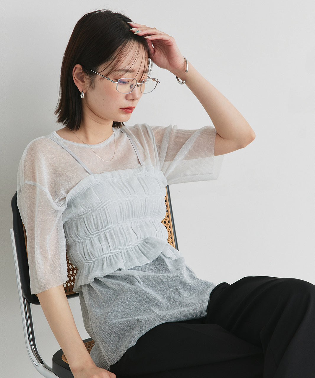 アドティエ ad thie 【2025SS新作】ビスチェレイヤード ラメカットソー (オフホワイト) オフホワイト