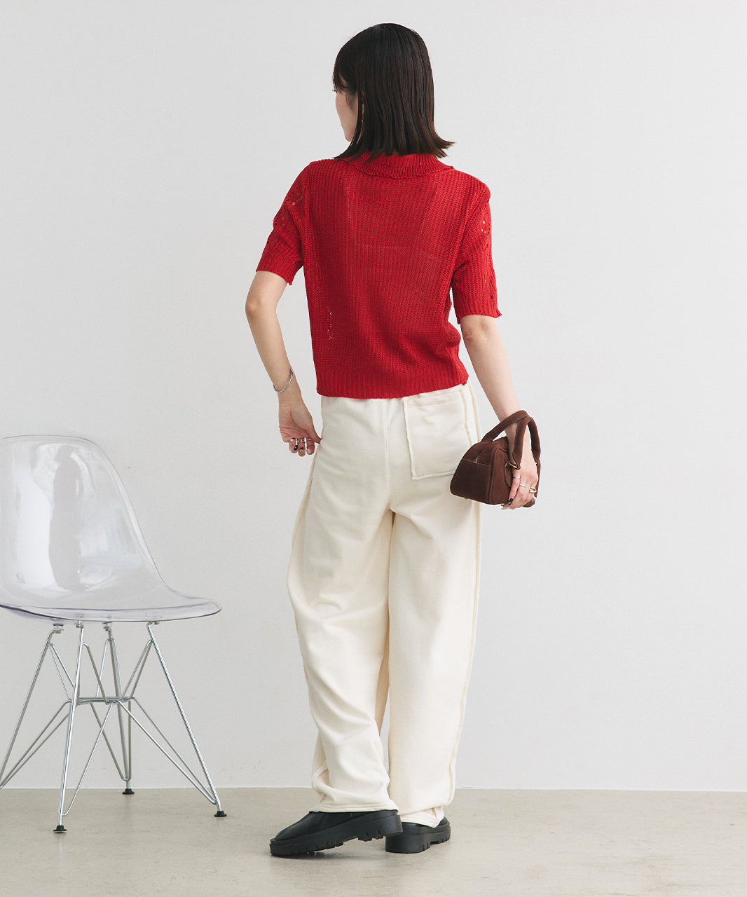 アドティエ ad thie ポロカラー透かし編みニットカーディガン (レッド) レッド