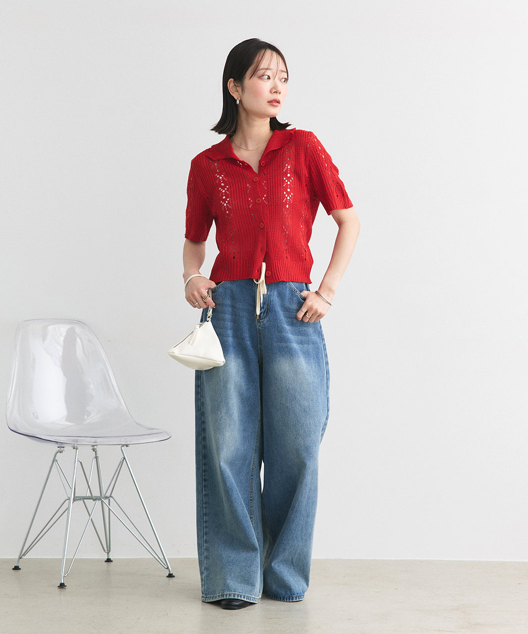 アドティエ ad thie ポロカラー透かし編みニットカーディガン (レッド) レッド