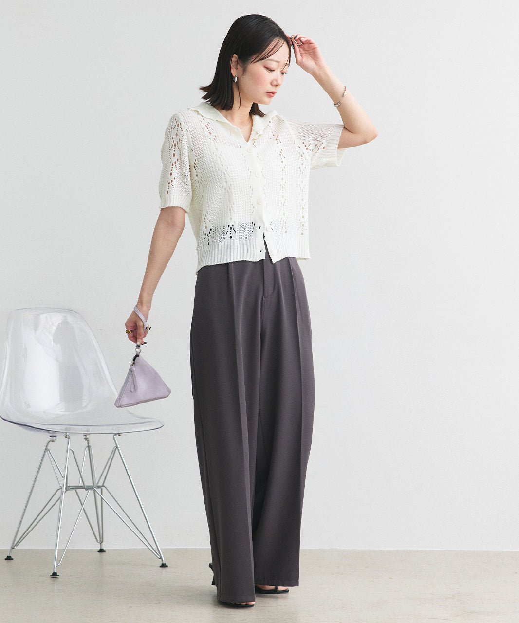 アドティエ ad thie ポロカラー透かし編みニットカーディガン (レッド) レッド