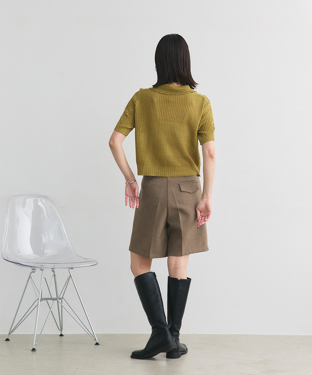 アドティエ ad thie ポロカラー透かし編みニットカーディガン (レッド) レッド