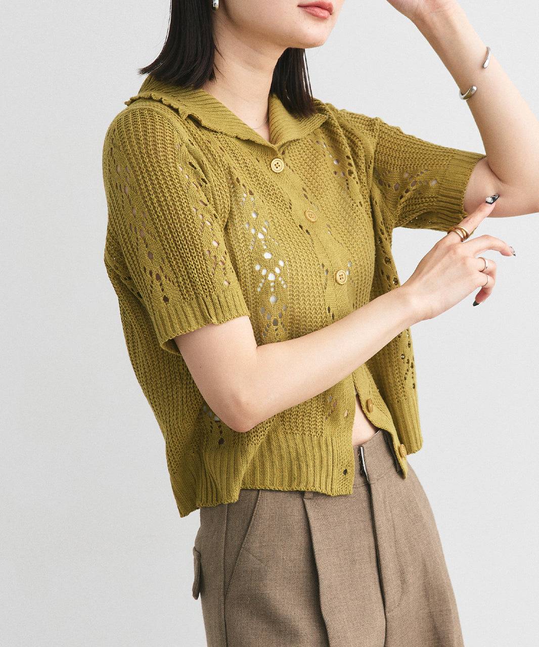 アドティエ ad thie ポロカラー透かし編みニットカーディガン (レッド) レッド