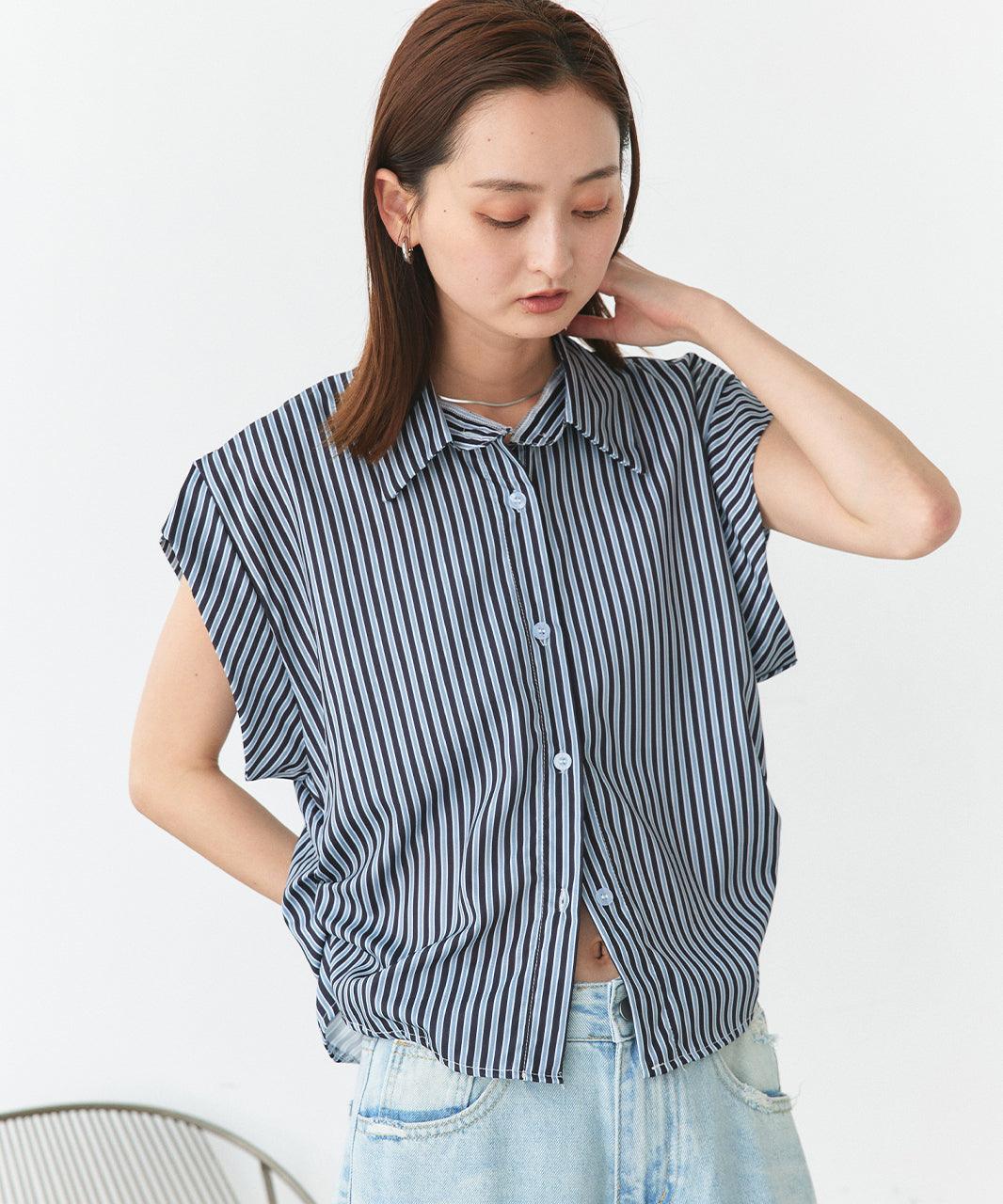 アドティエ ad thie サイドギャザーストライプシャツ (ブラック) ブラック