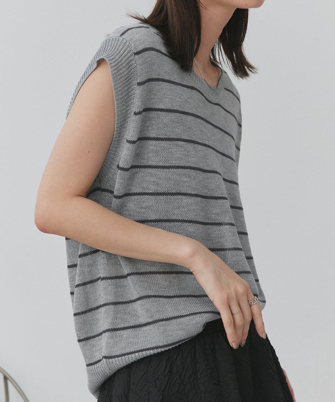 アドティエ ad thie フェイクカーデ+ボーダーノースリプルオーバー (ライトグレー) ライトグレー