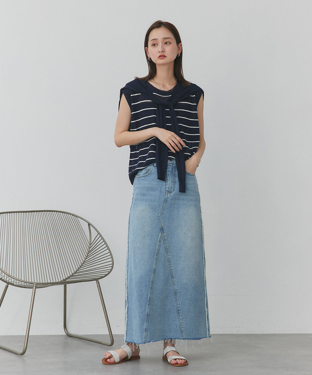 アドティエ ad thie フェイクカーデ+ボーダーノースリプルオーバー (ライトグレー) ライトグレー