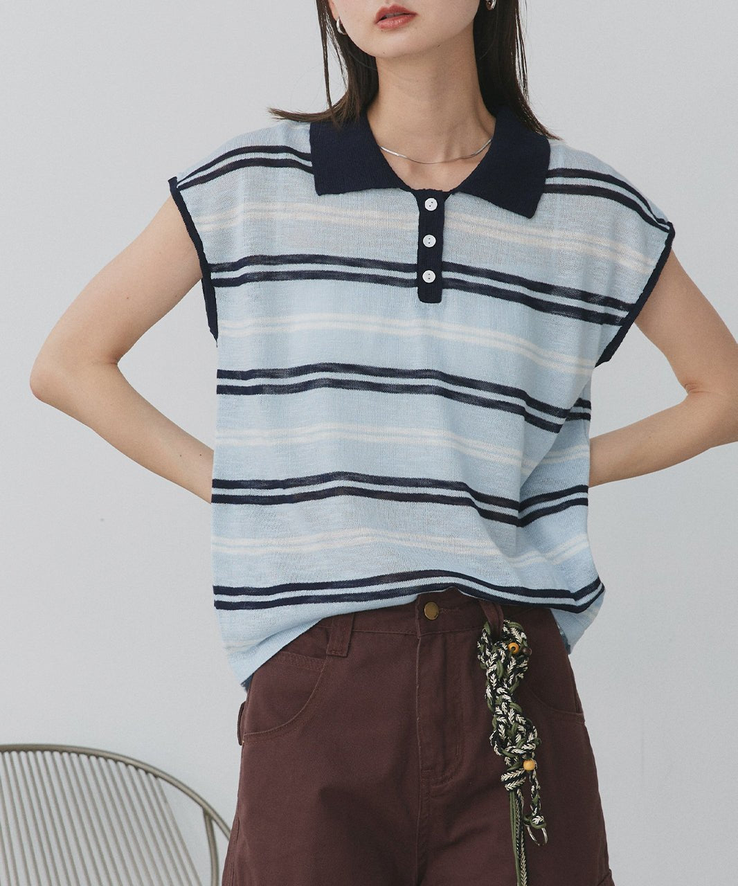 アドティエ ad thie フレンチ/Sボーダーポロニット (ライトグレー) ライトグレー