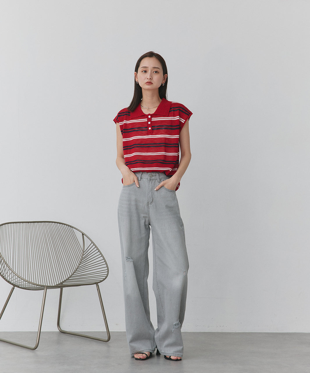 アドティエ ad thie フレンチ/Sボーダーポロニット (ライトグレー) ライトグレー