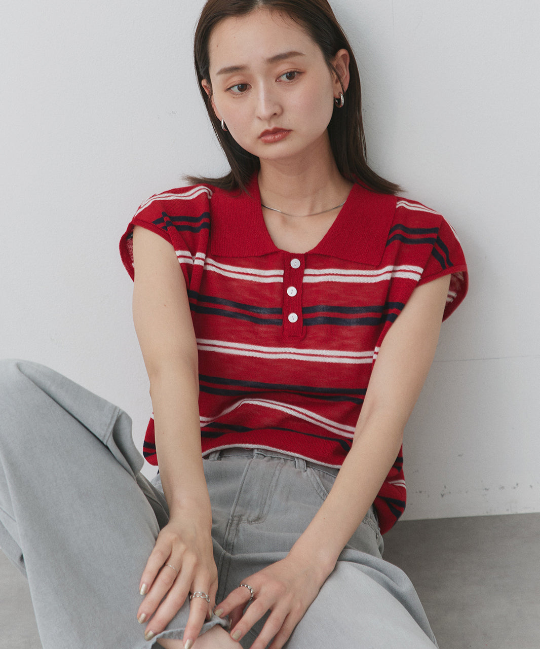 アドティエ ad thie フレンチ/Sボーダーポロニット (ライトグレー) ライトグレー