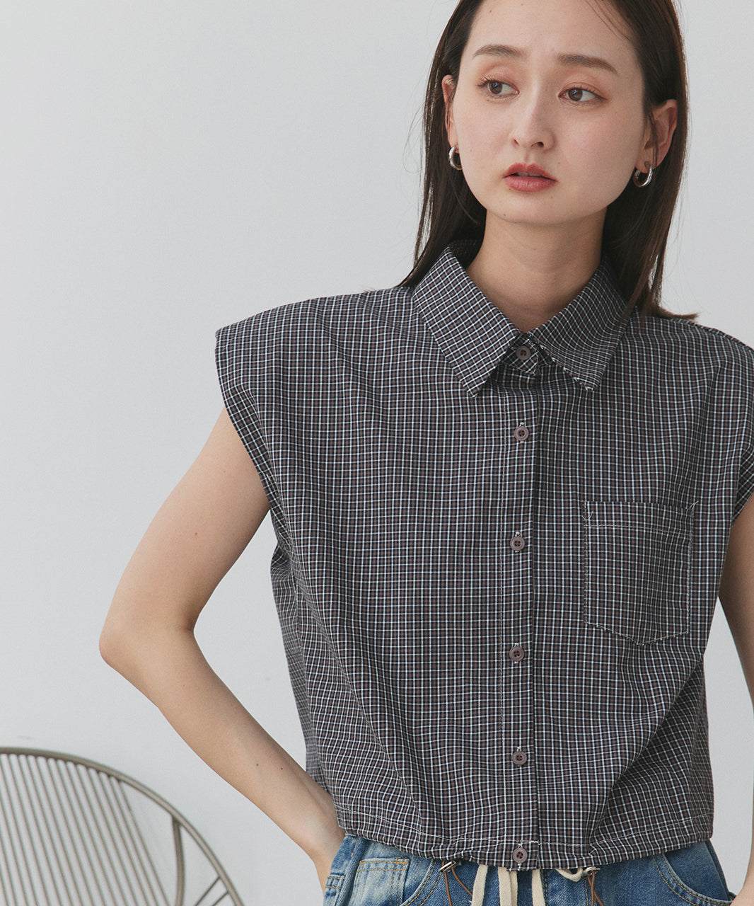 アドティエ ad thie 裾ドロストショート丈チェックシャツ (レッド) レッド