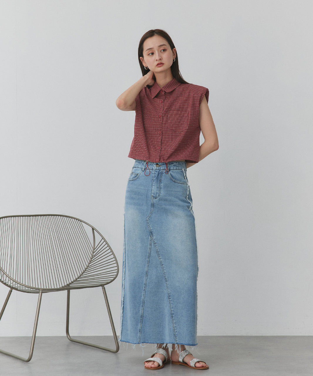 アドティエ ad thie 裾ドロストショート丈チェックシャツ (レッド) レッド