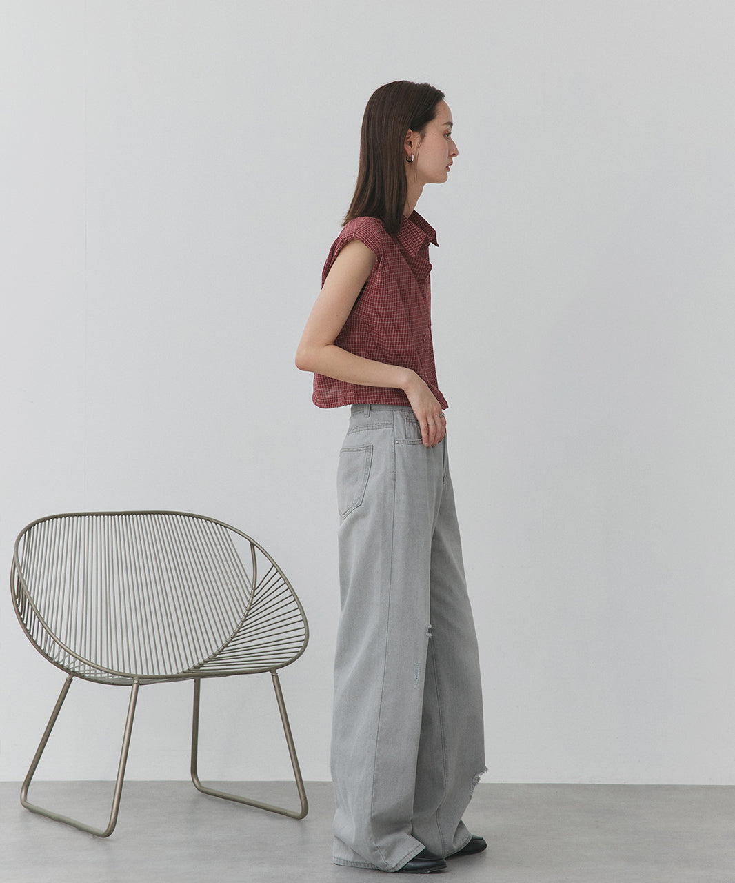 アドティエ ad thie 裾ドロストショート丈チェックシャツ (レッド) レッド