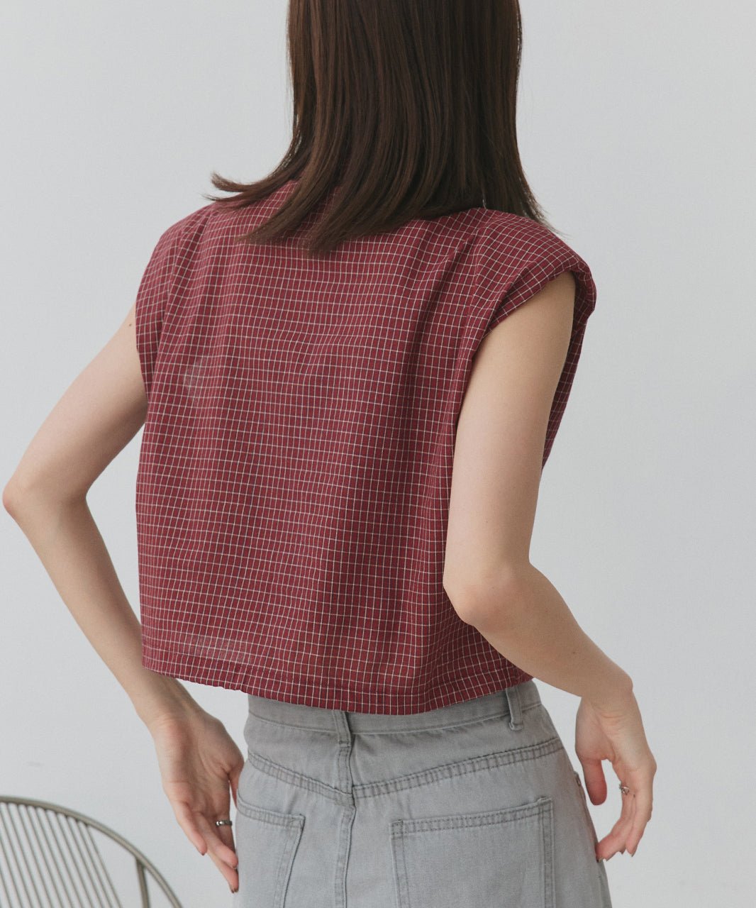 アドティエ ad thie 裾ドロストショート丈チェックシャツ (レッド) レッド